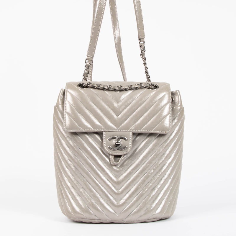 Chanel Metallic Silver Calfskin Chevron Urban Spirit Backpack