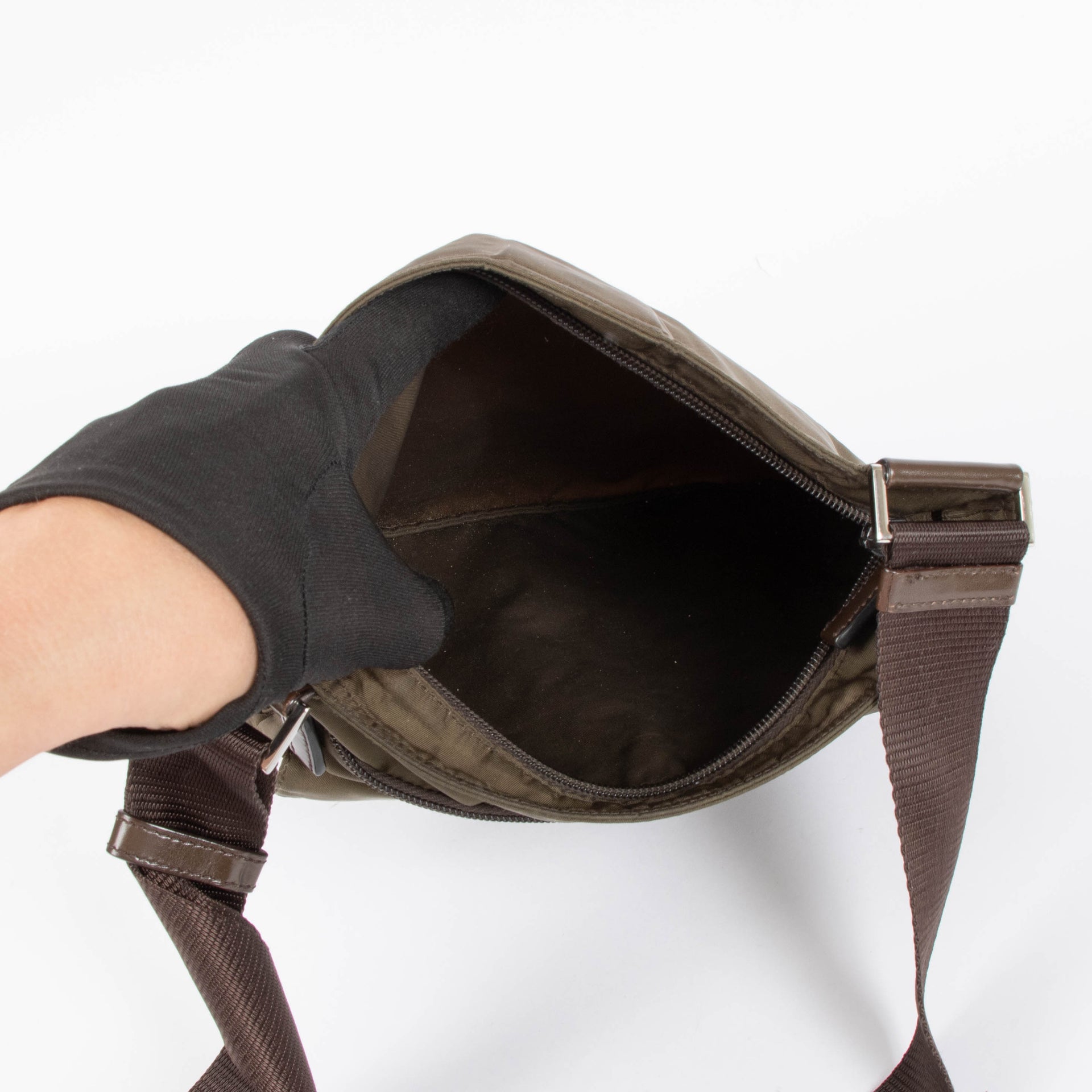 Shop the authentic Prada Khaki Green Nylon Crossbody Bag second hand on Labellov.com