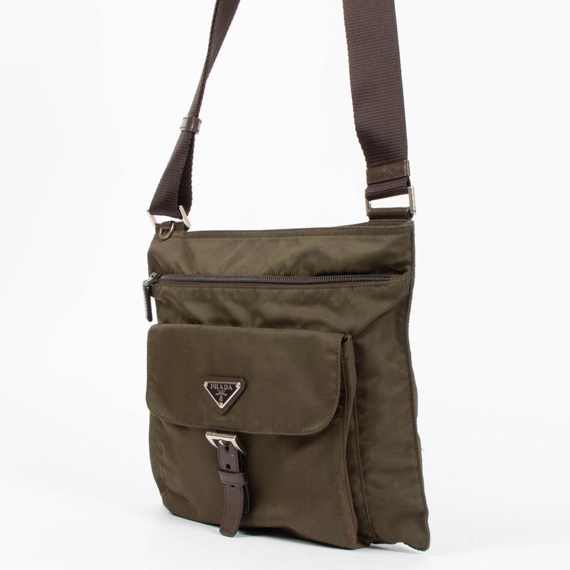 Shop the authentic Prada Khaki Green Nylon Crossbody Bag second hand on Labellov.com