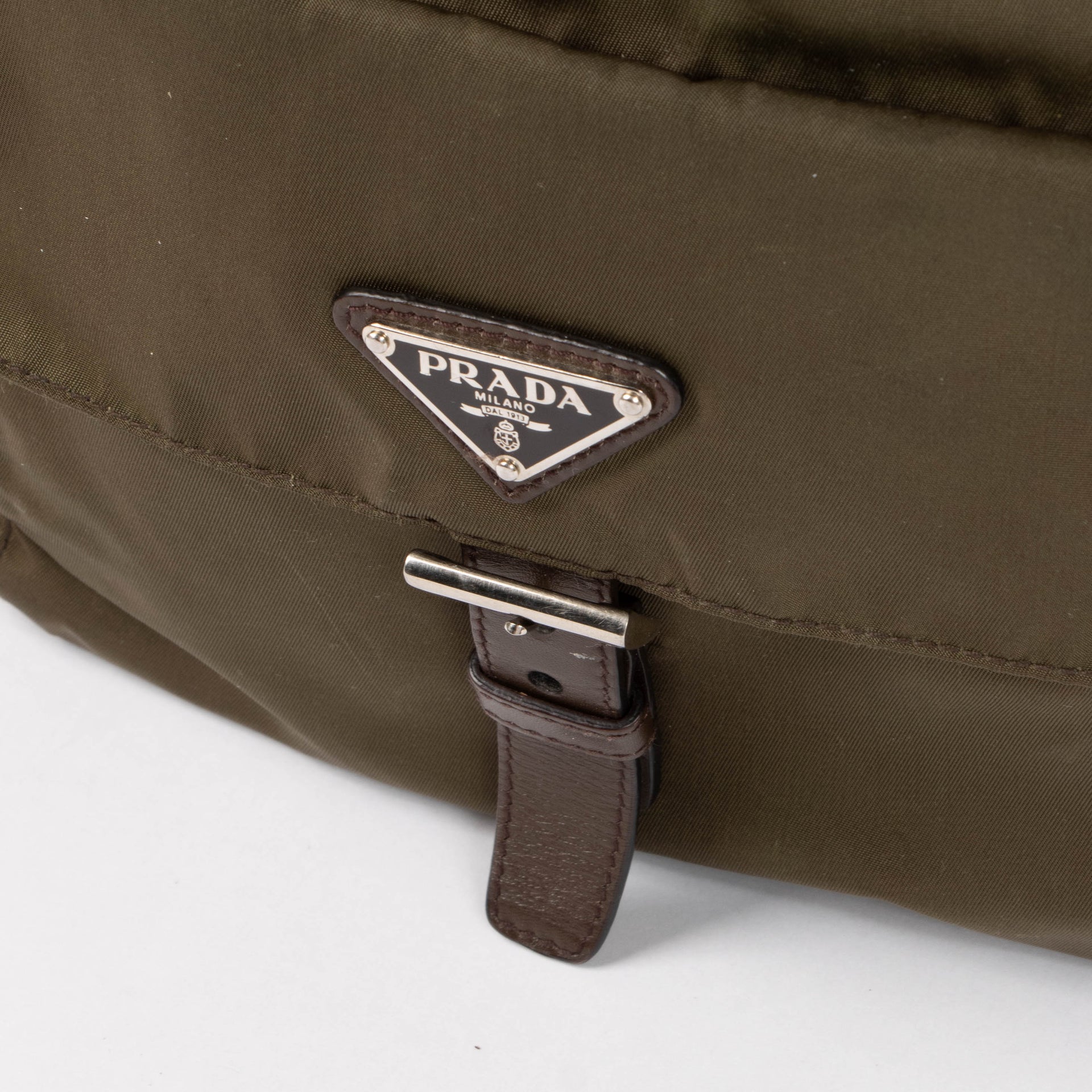 Shop the authentic Prada Khaki Green Nylon Crossbody Bag second hand on Labellov.com