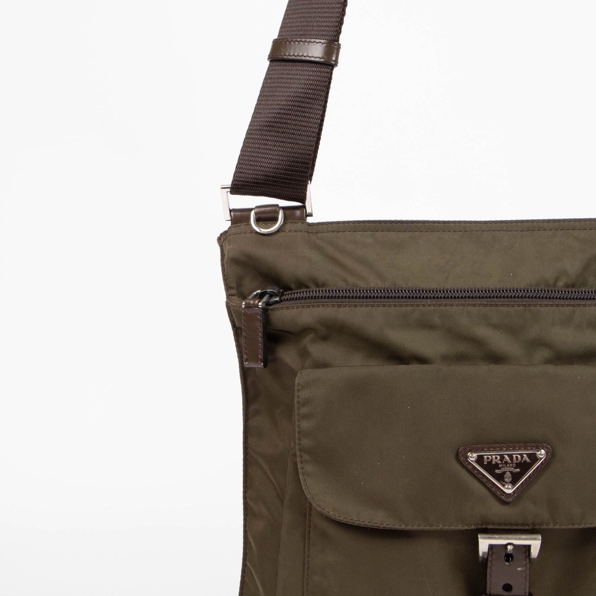 Shop the authentic Prada Khaki Green Nylon Crossbody Bag second hand on Labellov.com
