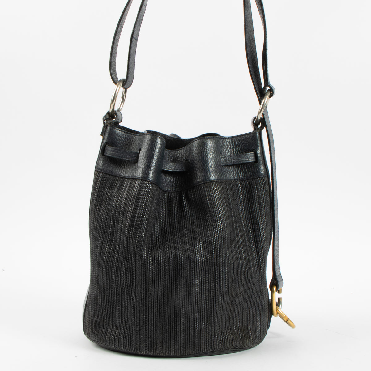 Shop this authentic Delvaux Blue Toile de Cuir Gibus Bucket Bag pre-loved on Labellov.com