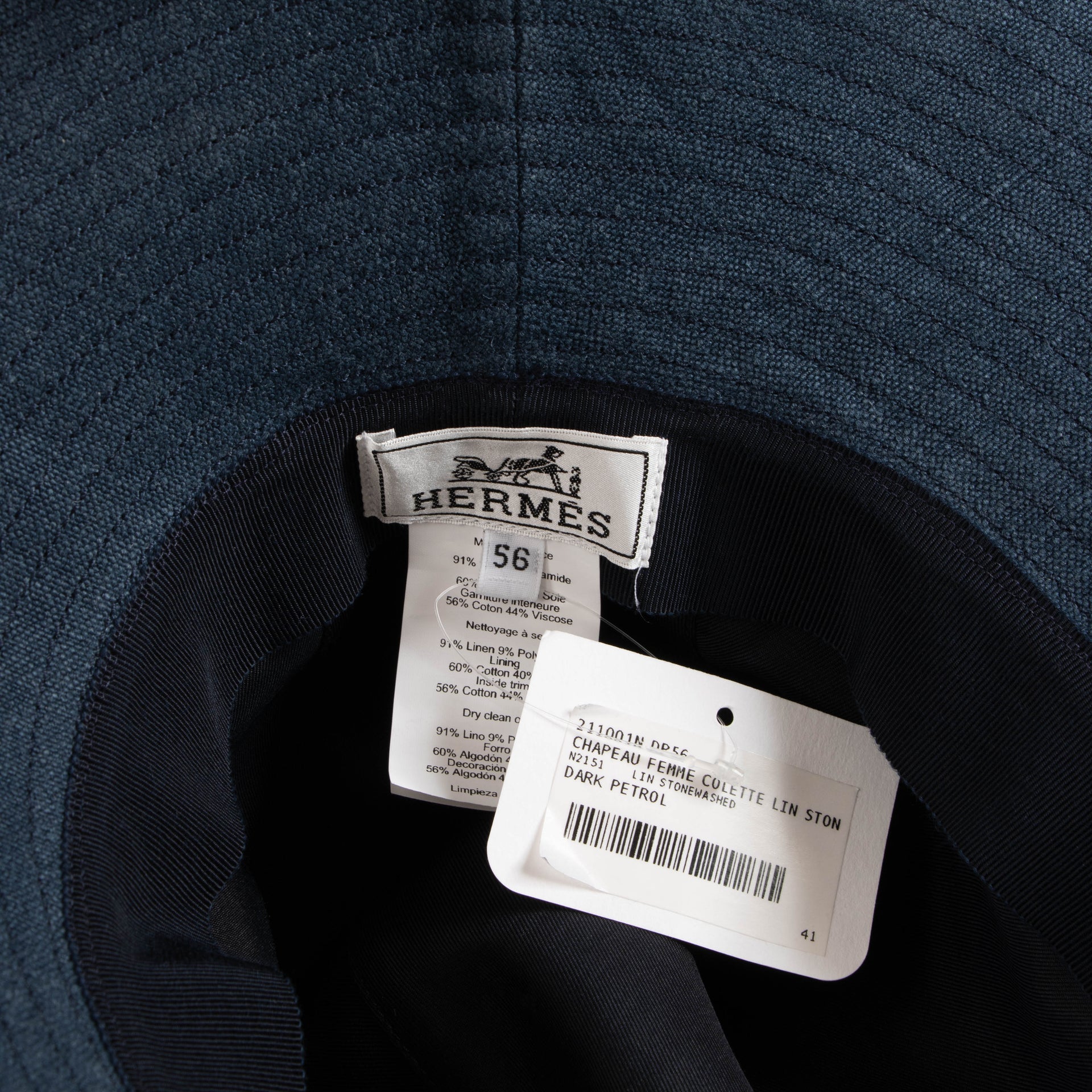 Hermes Dark Petrol Stonewashed Linen Hat