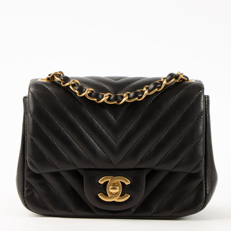 Chanel Black Lambskin Chevron Mini Square Classic Bag