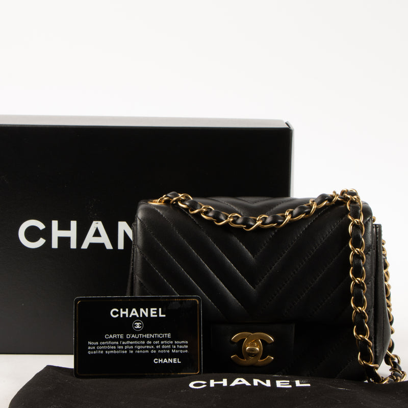 Chanel Black Lambskin Chevron Mini Square Classic Bag