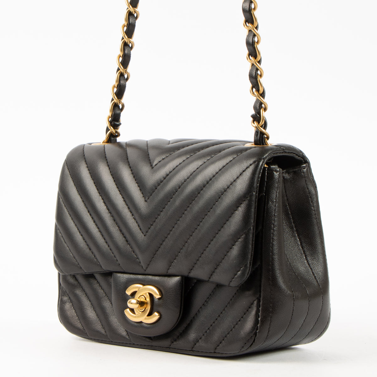 Chanel Black Lambskin Chevron Mini Square Classic Bag