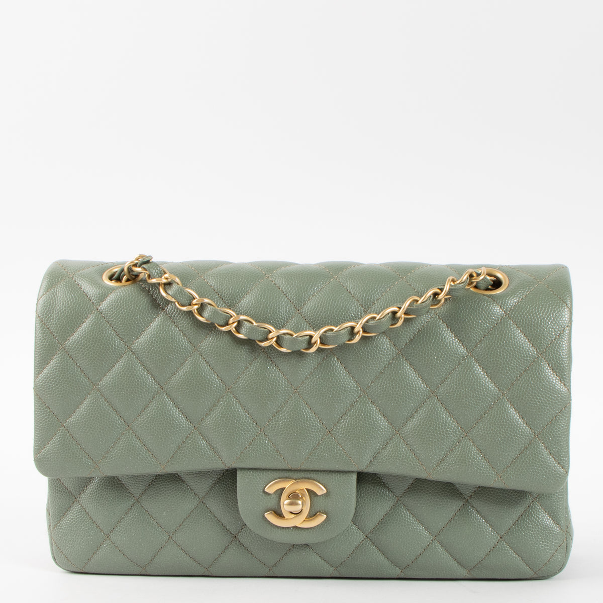 Shop this authentic luxury Chanel Green Caviar Medium Classic 11.12 bag Pre-Loved on Labellov.com