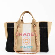 Shop safe online 100% authentic second hand Chanel Beige/Black/Ivory Raffia Large Deauville Shopping Bag