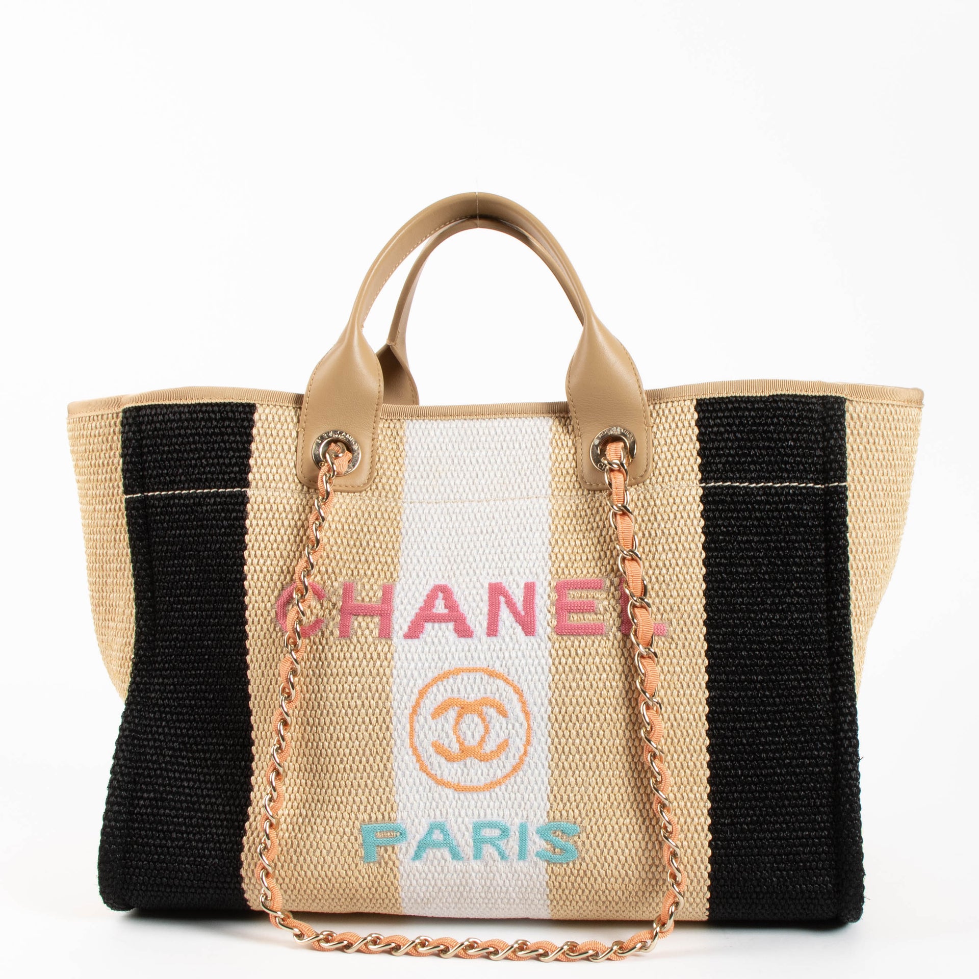 Shop safe online 100% authentic second hand Chanel Beige/Black/Ivory Raffia Large Deauville Shopping Bag
