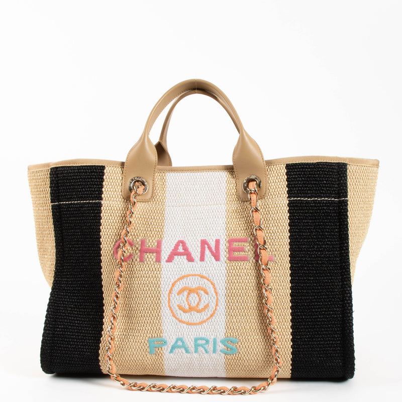 Shop safe online 100% authentic second hand Chanel Beige/Black/Ivory Raffia Large Deauville Shopping Bag