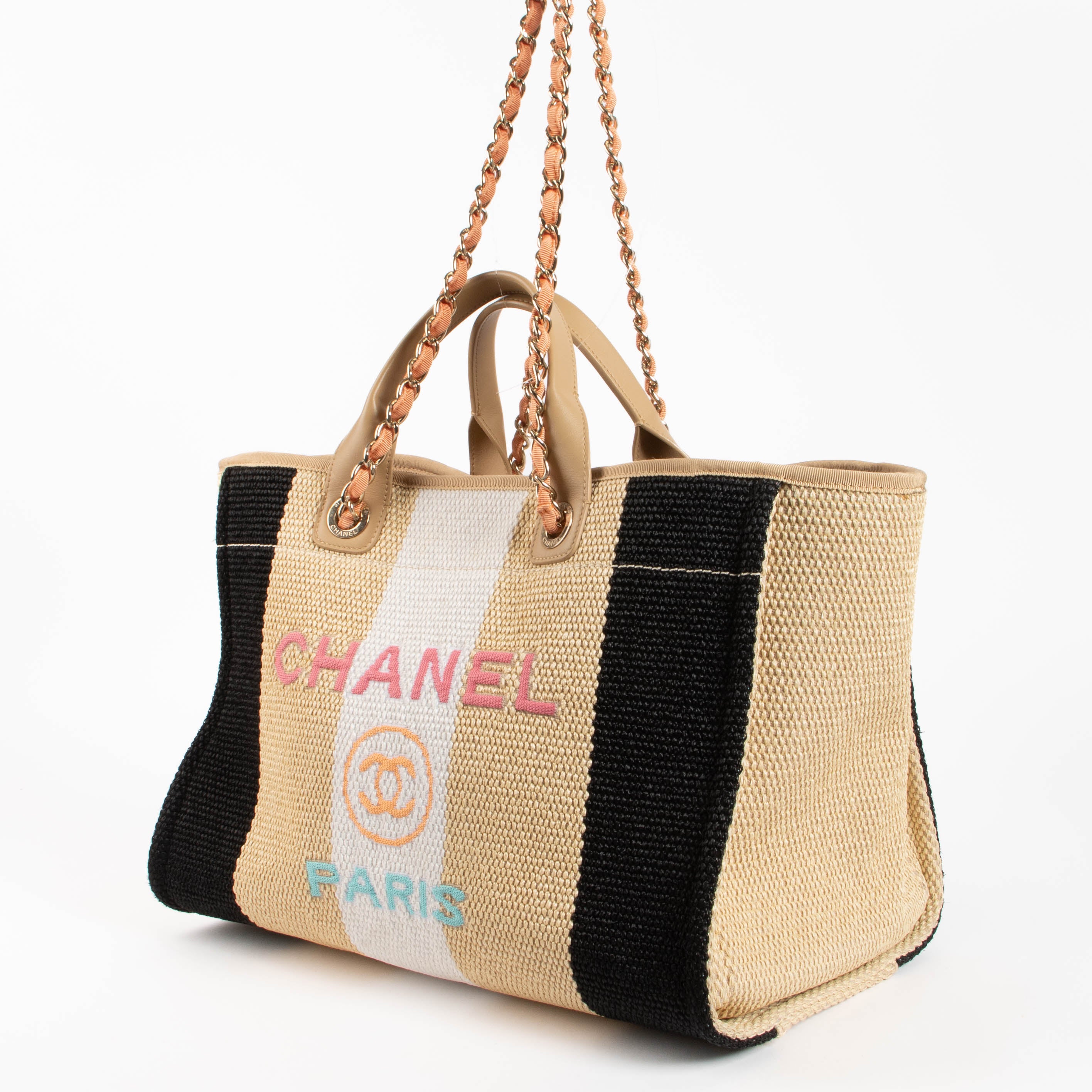 Chanel Beige/Black/Ivory Raffia Large Deauville Shopping Bag