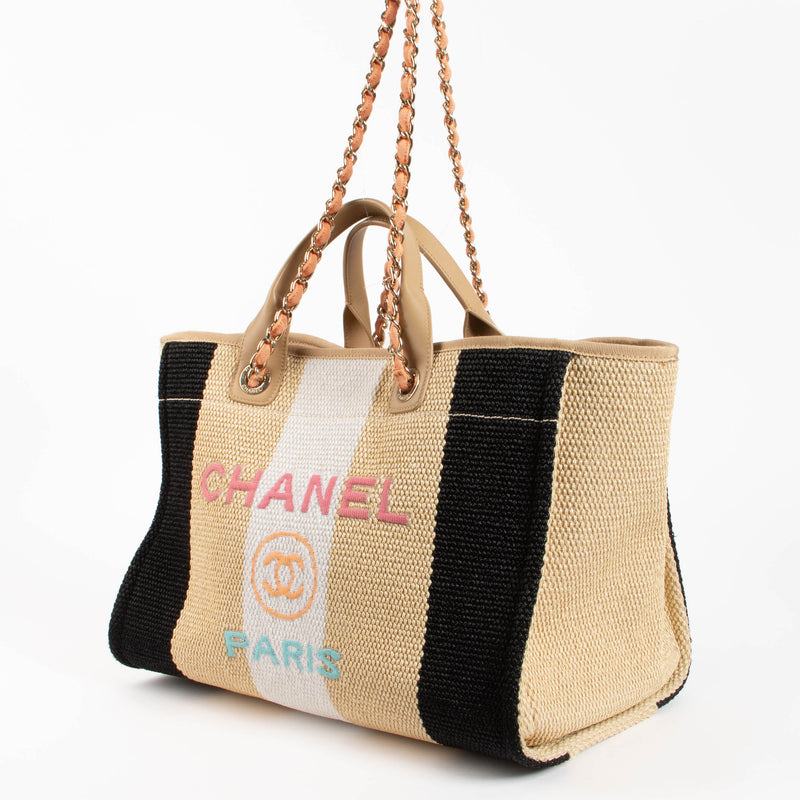 Chanel Beige/Black/Ivory Raffia Large Deauville Shopping Bag