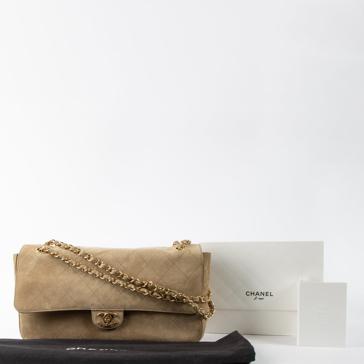 Chanel 26S Beige Suede Maxi Flap Bag