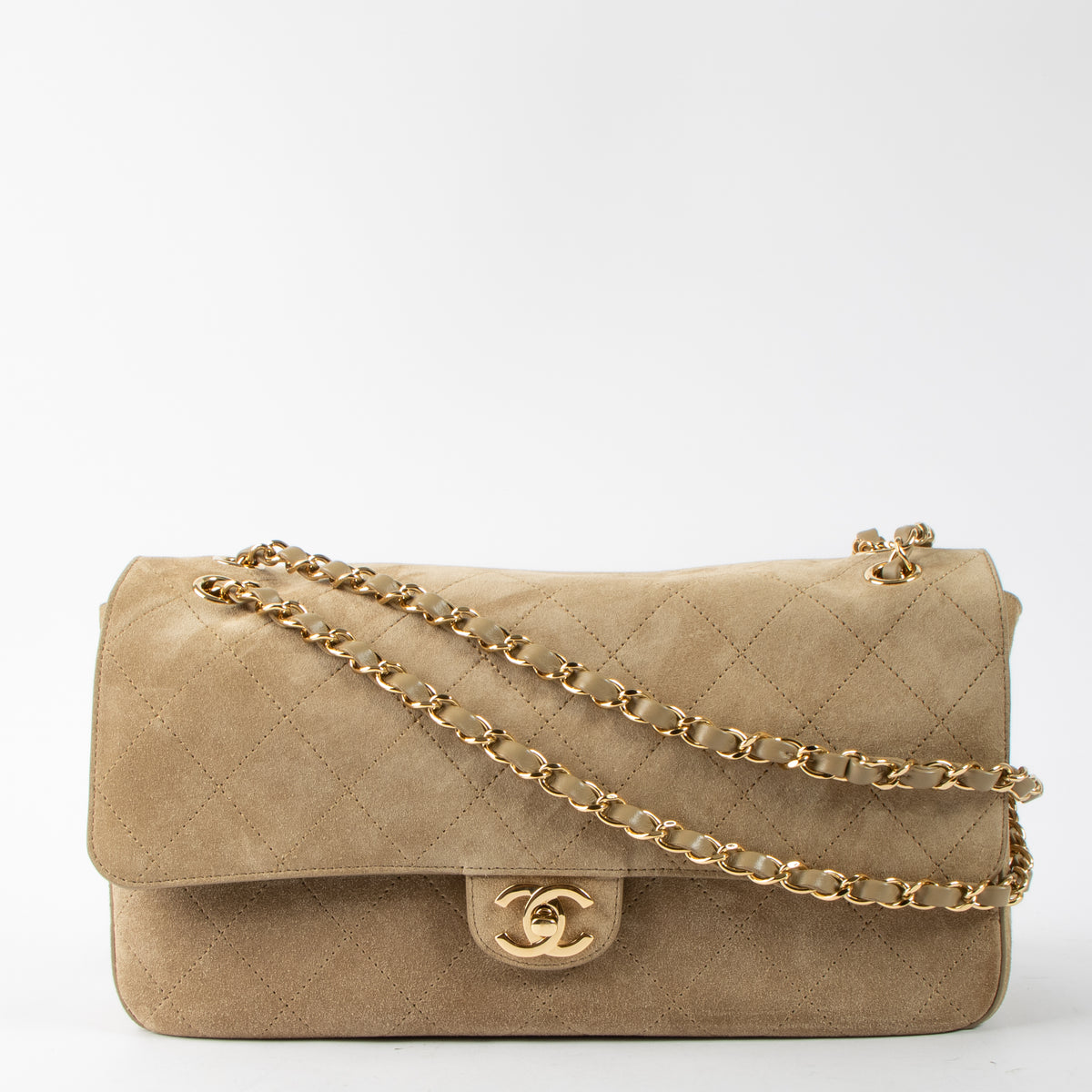 Chanel 26S Beige Suede Maxi Flap Bag