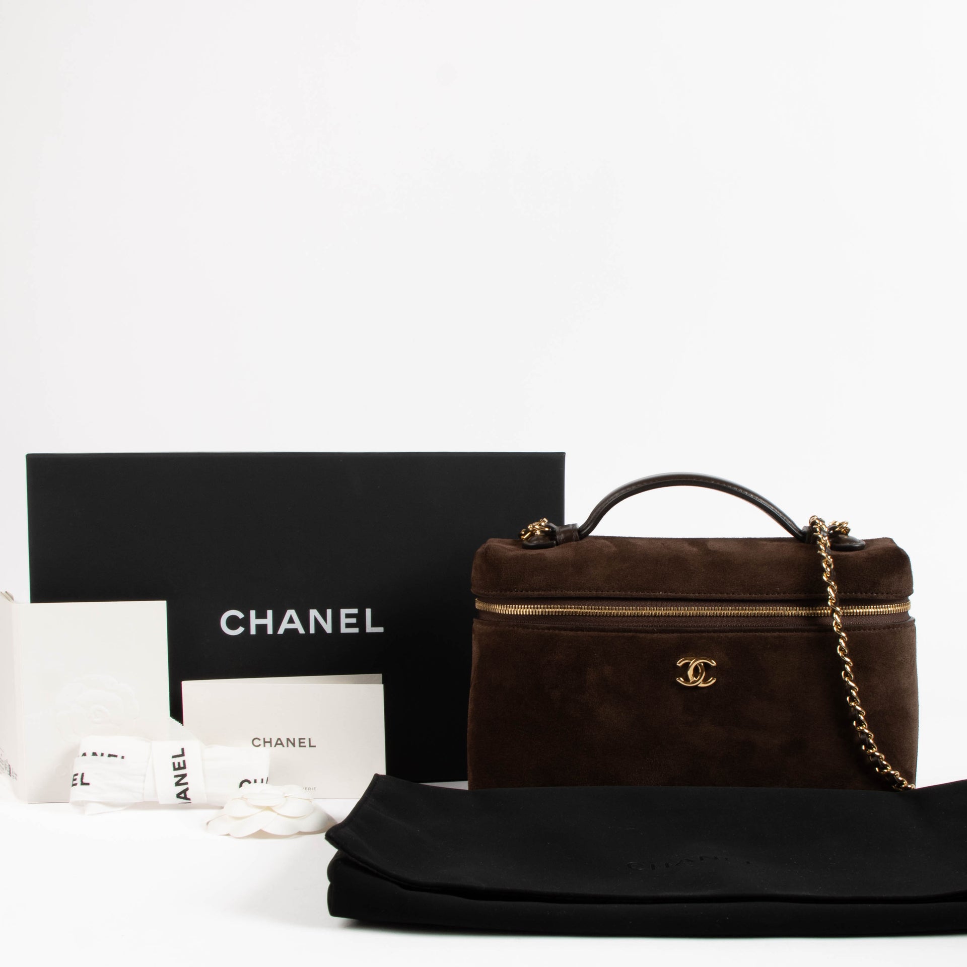Chanel 26A Dark Brown Suede Large Vanity With Chain