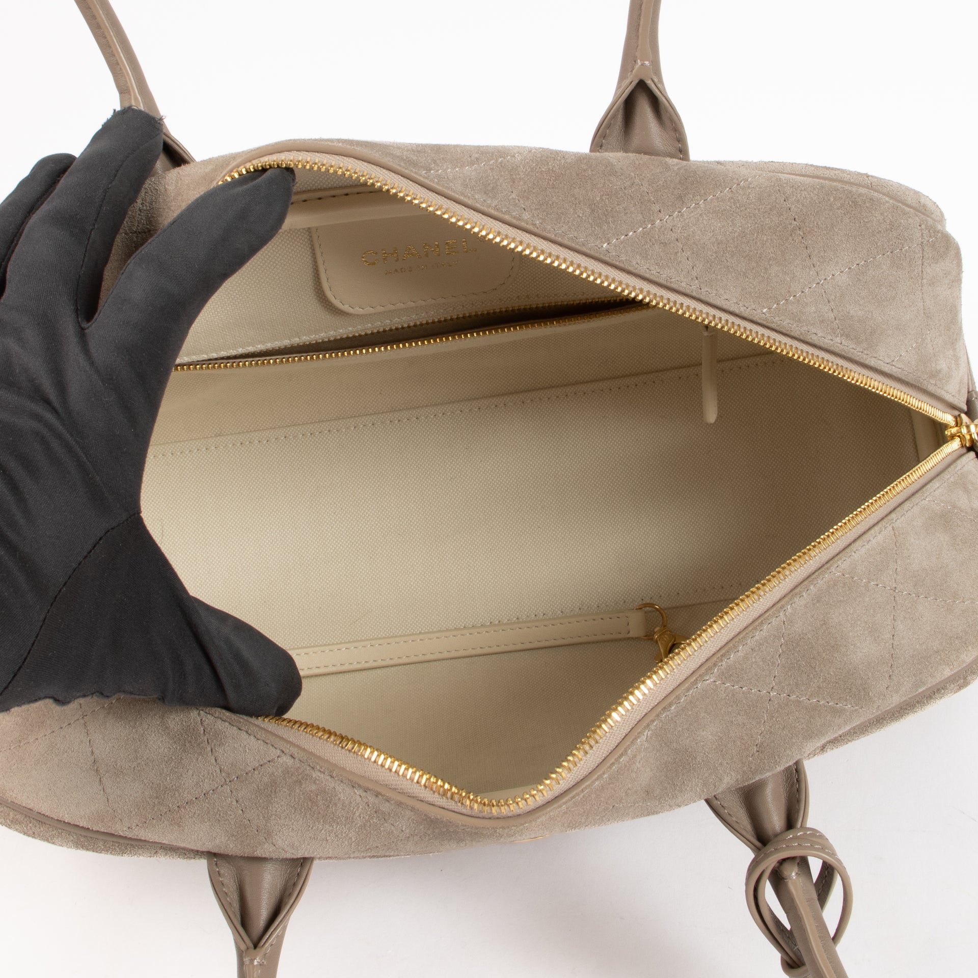 Shop the authentic Chanel 26S Grey Suede Large Perfect Bowling Bag on Labellov.com !