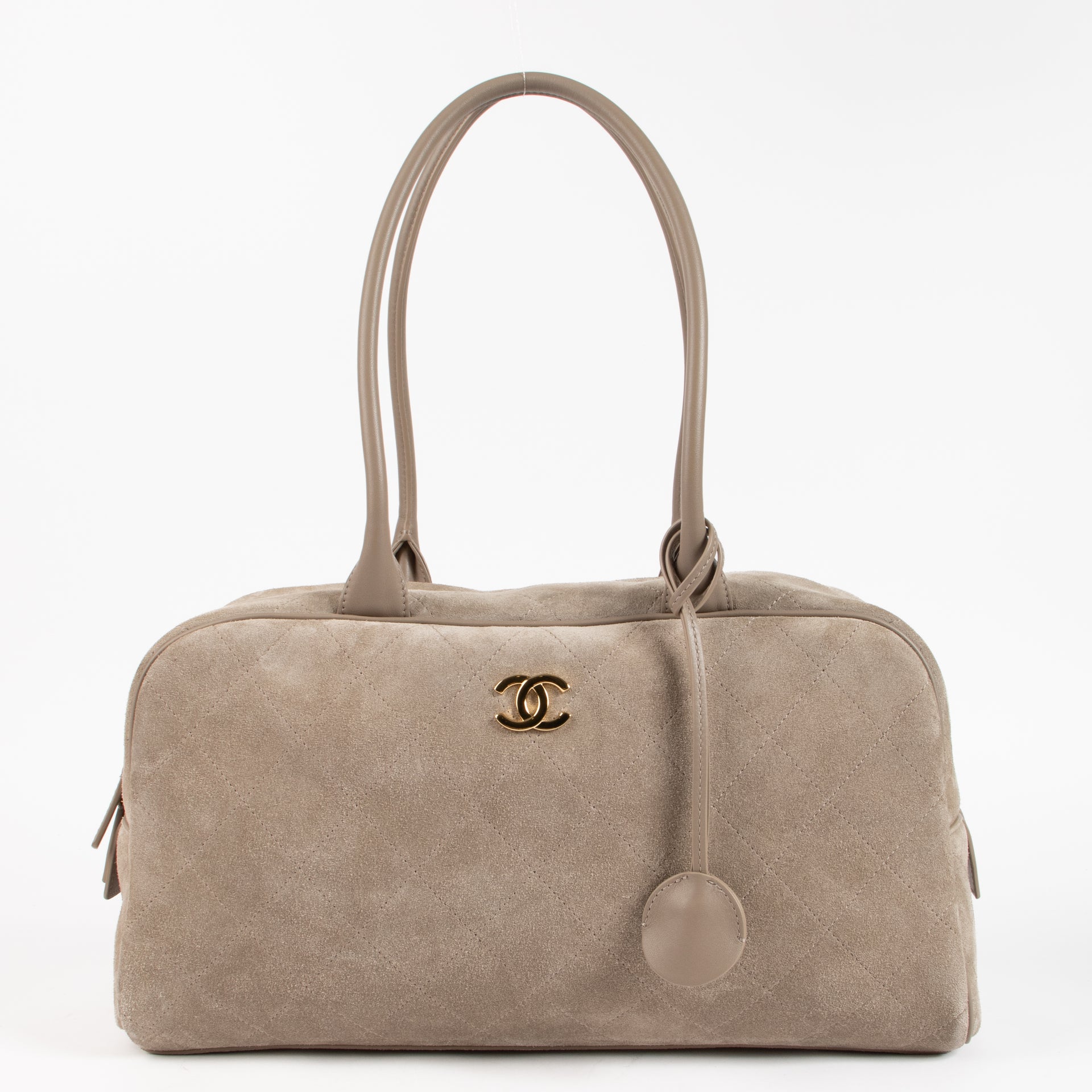 Shop the authentic Chanel 26S Grey Suede Large Perfect Bowling Bag on Labellov.com !