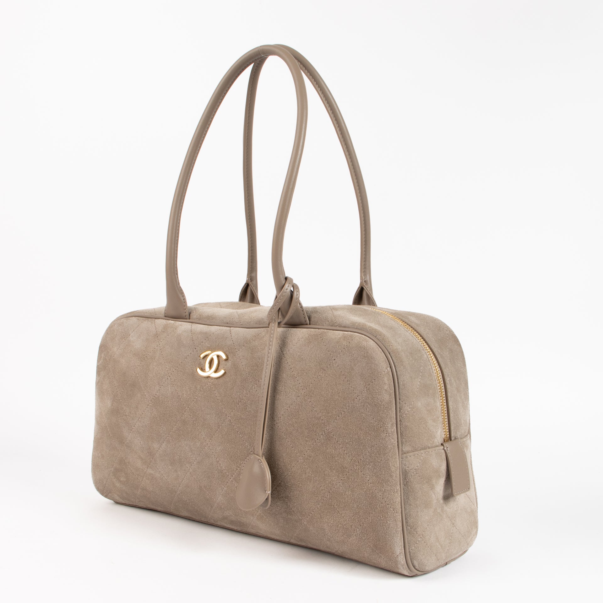 Shop the authentic Chanel 26S Grey Suede Large Perfect Bowling Bag on Labellov.com !