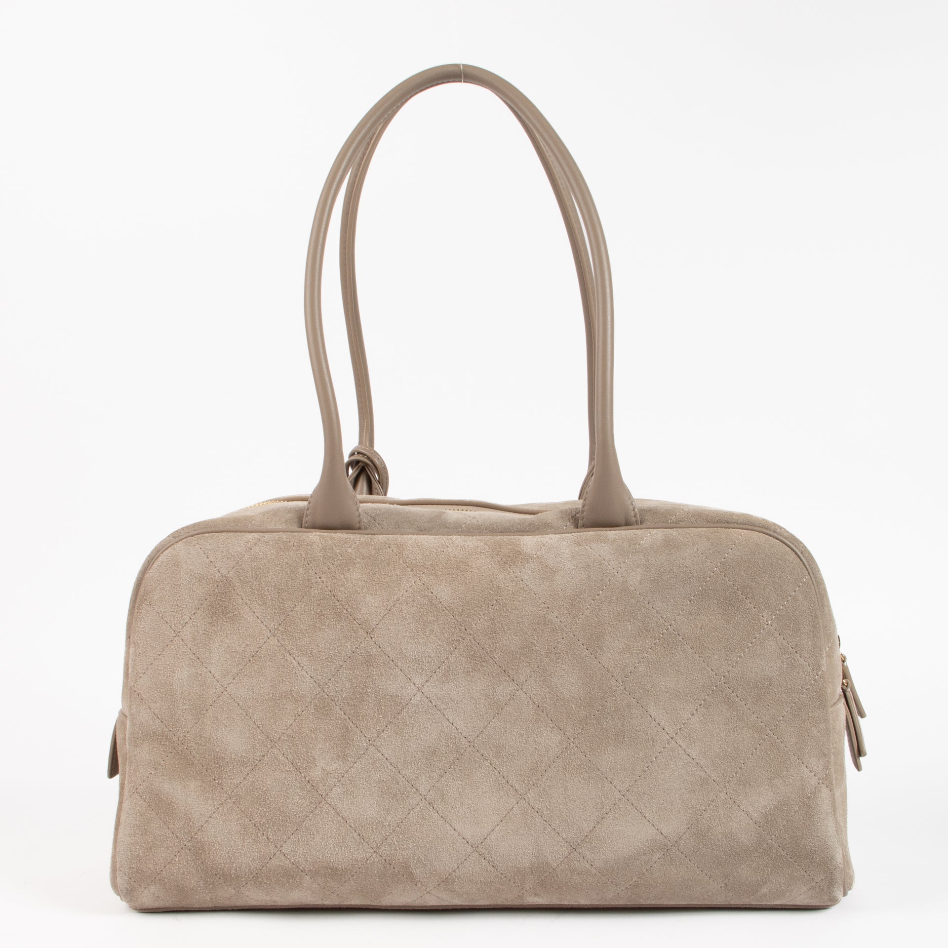 Shop the authentic Chanel 26S Grey Suede Large Perfect Bowling Bag on Labellov.com !