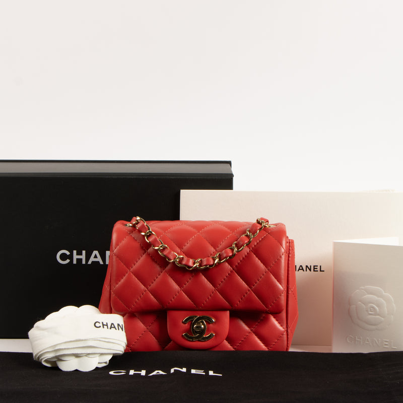Shop the authentic Chanel Red Lambskin Mini Square Classic Bag on Labellov.com.