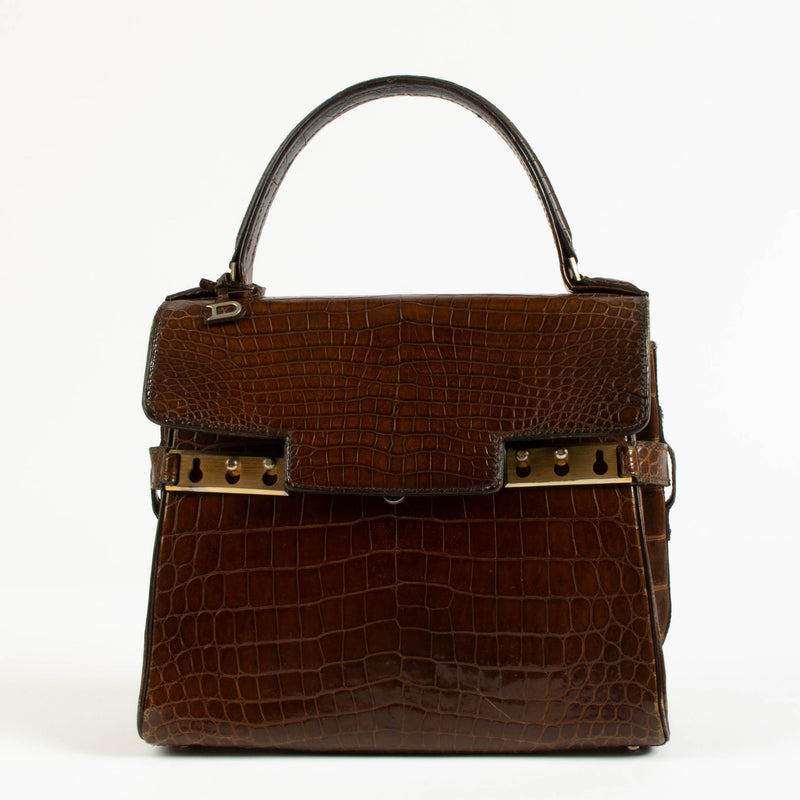 Delvaux Vintage Brown Shiny Crocodile Tempête PM Bag