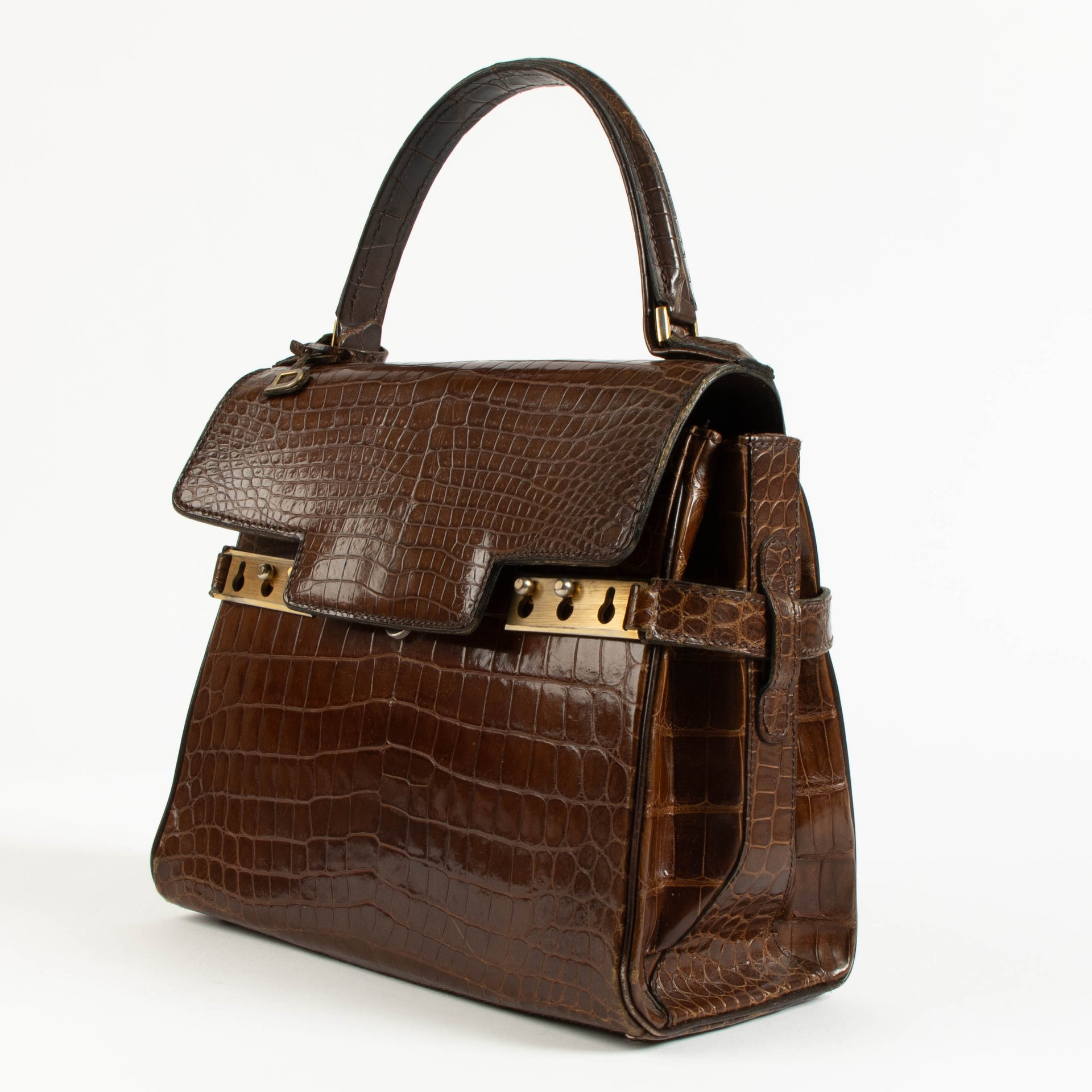 Delvaux Vintage Brown Shiny Crocodile Tempête PM Bag