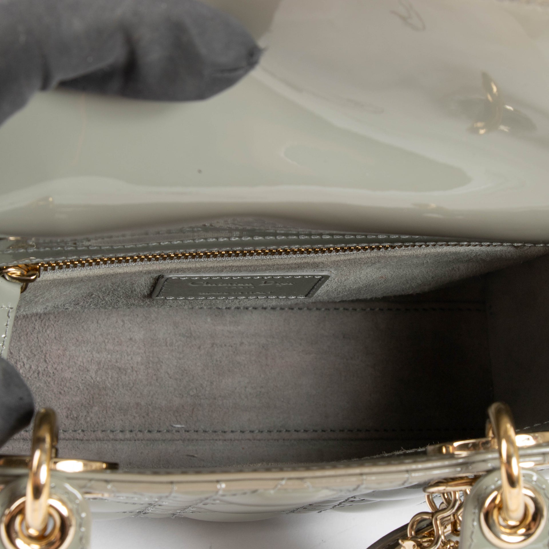 Christian Dior Taupe Patent Leather Small Lady Dior Bag