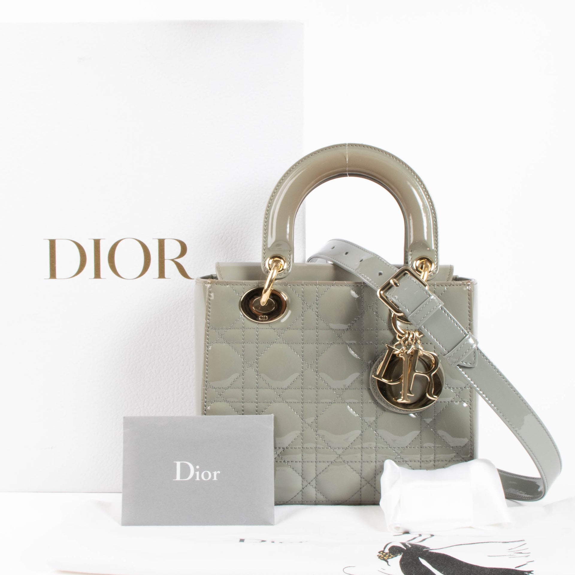 Christian Dior Taupe Patent Leather Small Lady Dior Bag