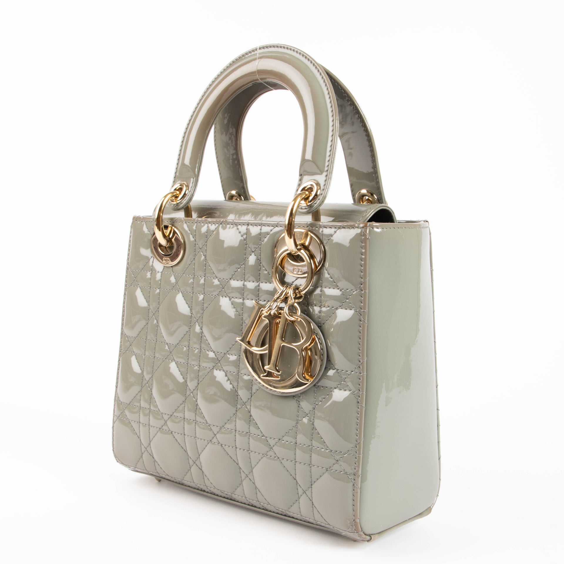 Christian Dior Taupe Patent Leather Small Lady Dior Bag