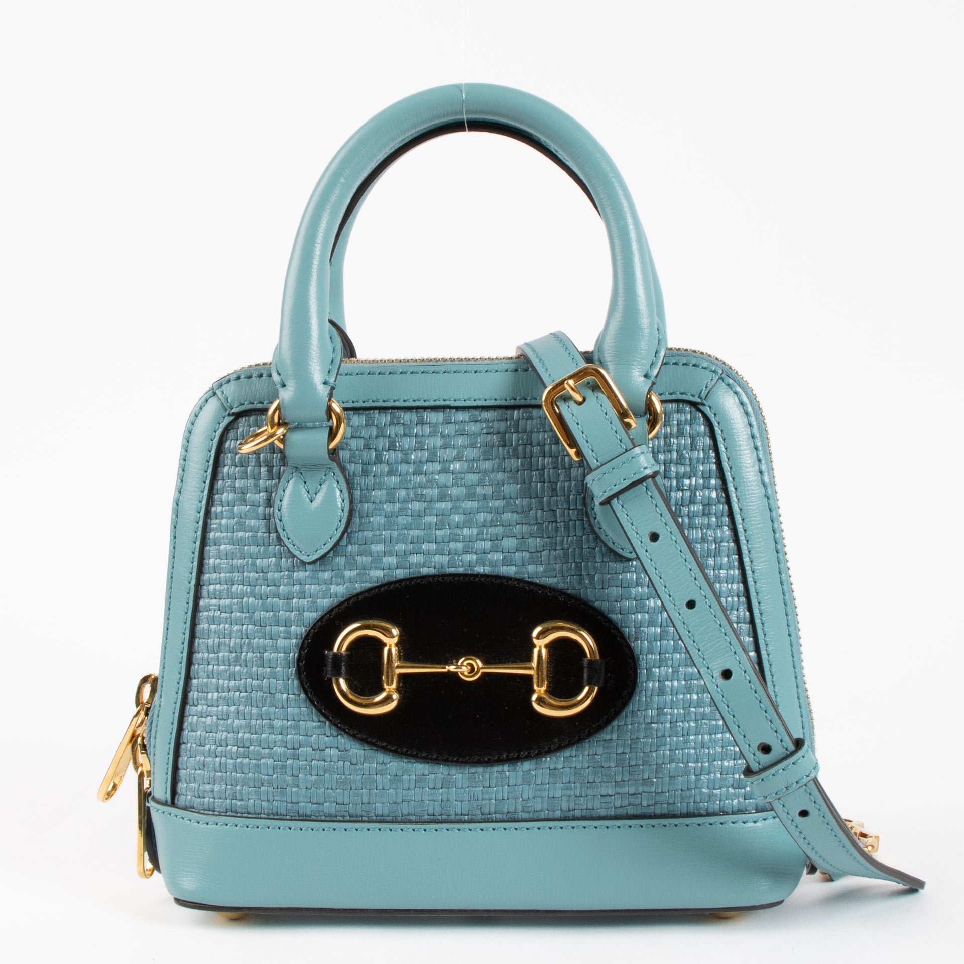 Gucci Blue Raffia Small Horsebit 1955 Top Handle Bag