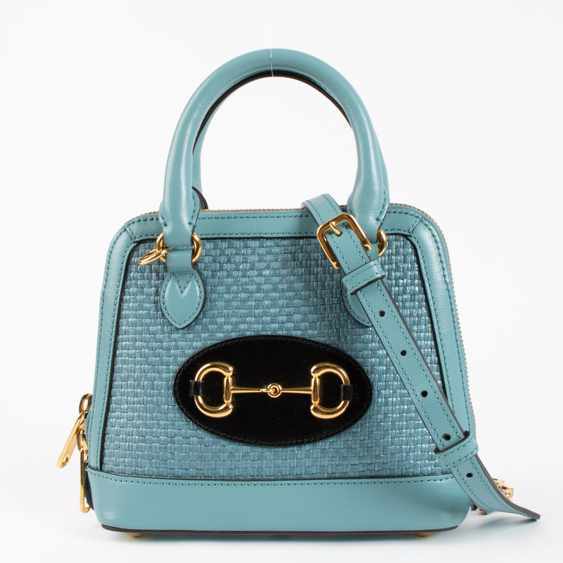 Gucci Blue Raffia Small Horsebit 1955 Top Handle Bag