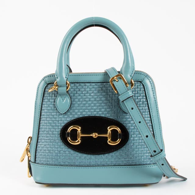 Gucci Blue Raffia Small Horsebit 1955 Top Handle Bag