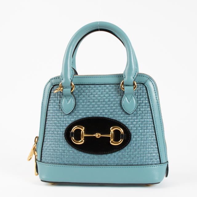 Gucci Blue Raffia Small Horsebit 1955 Top Handle Bag