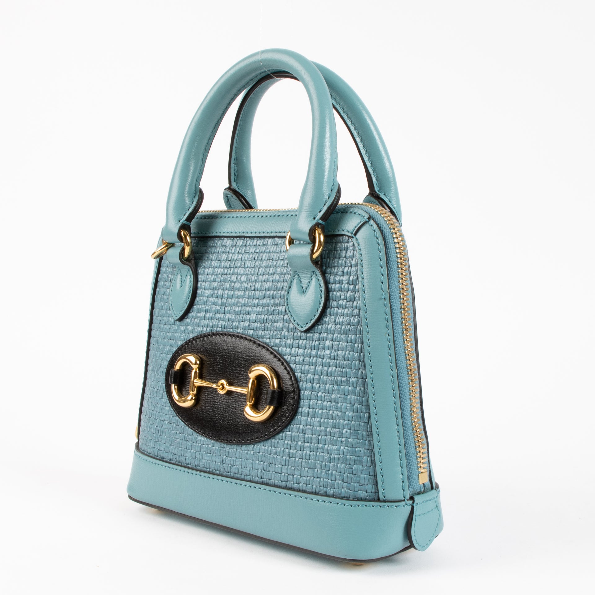 Gucci Blue Raffia Small Horsebit 1955 Top Handle Bag
