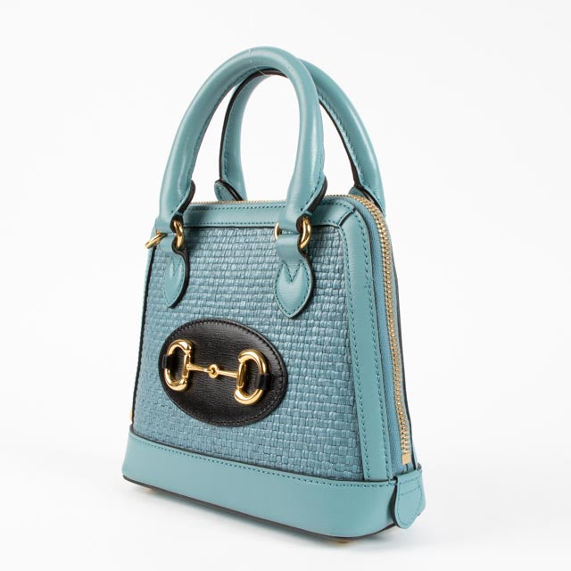 Gucci Blue Raffia Small Horsebit 1955 Top Handle Bag