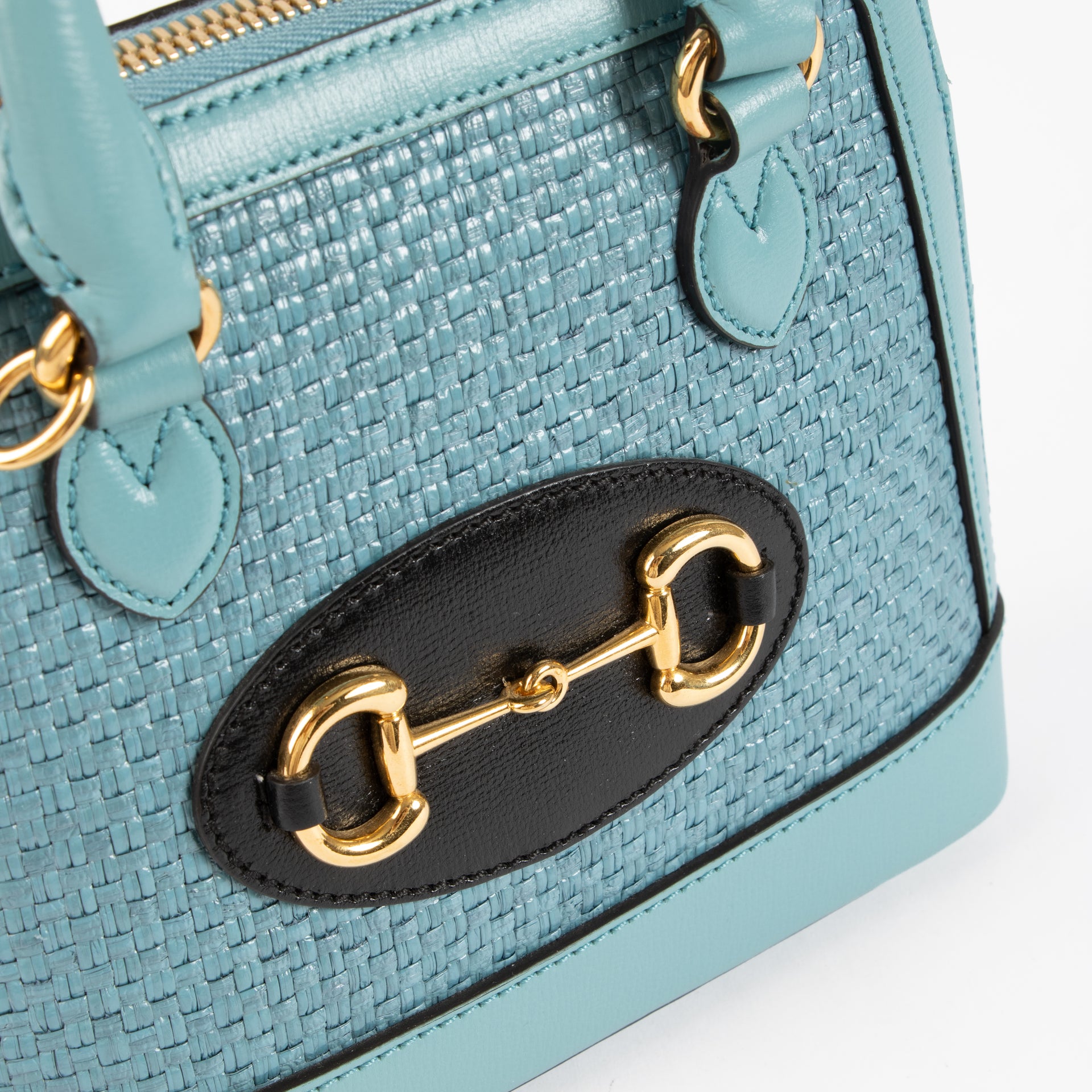 Gucci Blue Raffia Small Horsebit 1955 Top Handle Bag