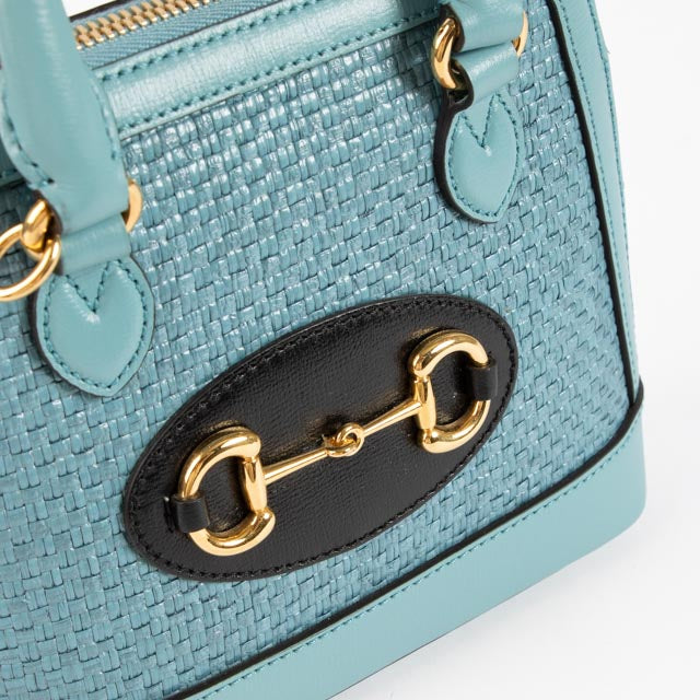 Gucci Blue Raffia Small Horsebit 1955 Top Handle Bag