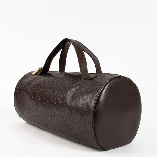 Celine Vintage Black Logo Embossed Barrel Bag