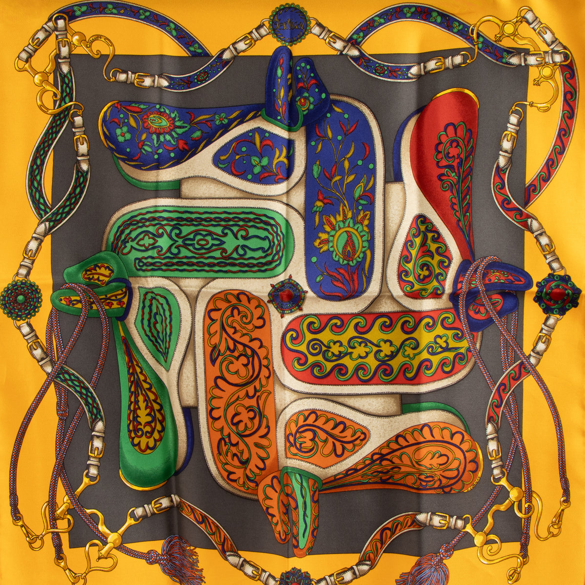 Hermes Yellow Silk  Festival des Amazones Gavroche 45 Scarf
