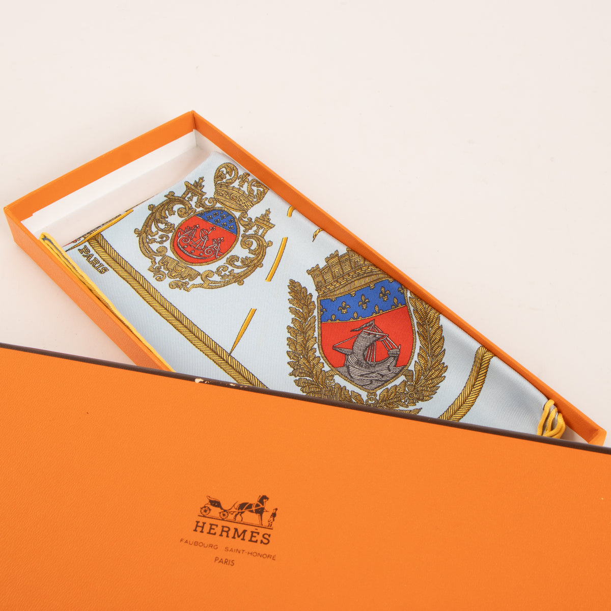Shop this authentic Hermes Blue Silk Les Armes de Paris Gavroche 45 Scarf Pre-Loved on Labellov.com