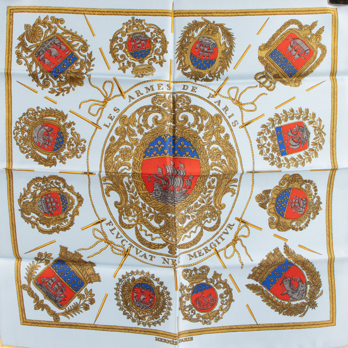 Shop this authentic Hermes Blue Silk Les Armes de Paris Gavroche 45 Scarf Pre-Loved on Labellov.com