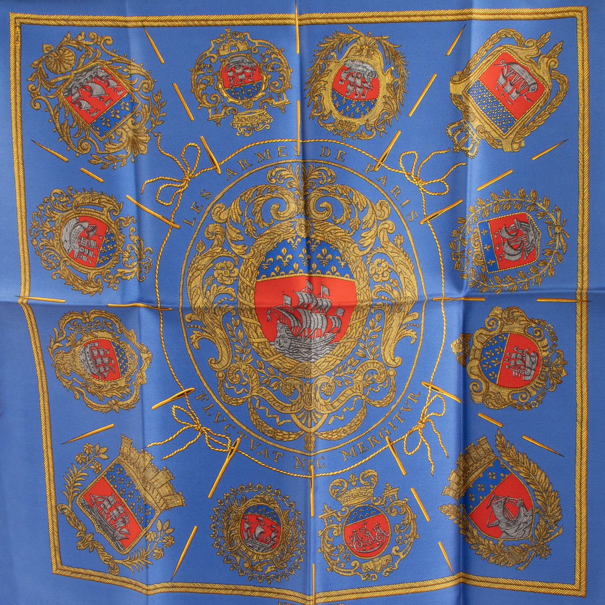 Hermes Blue Silk Les Armes de Paris Gavroche 45 Scarf