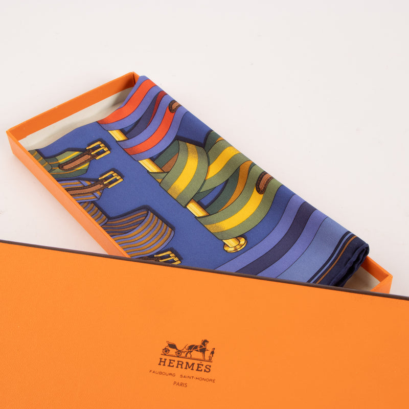 Hermes Blue Silk Les Sangles Gavroche 45 Scarf