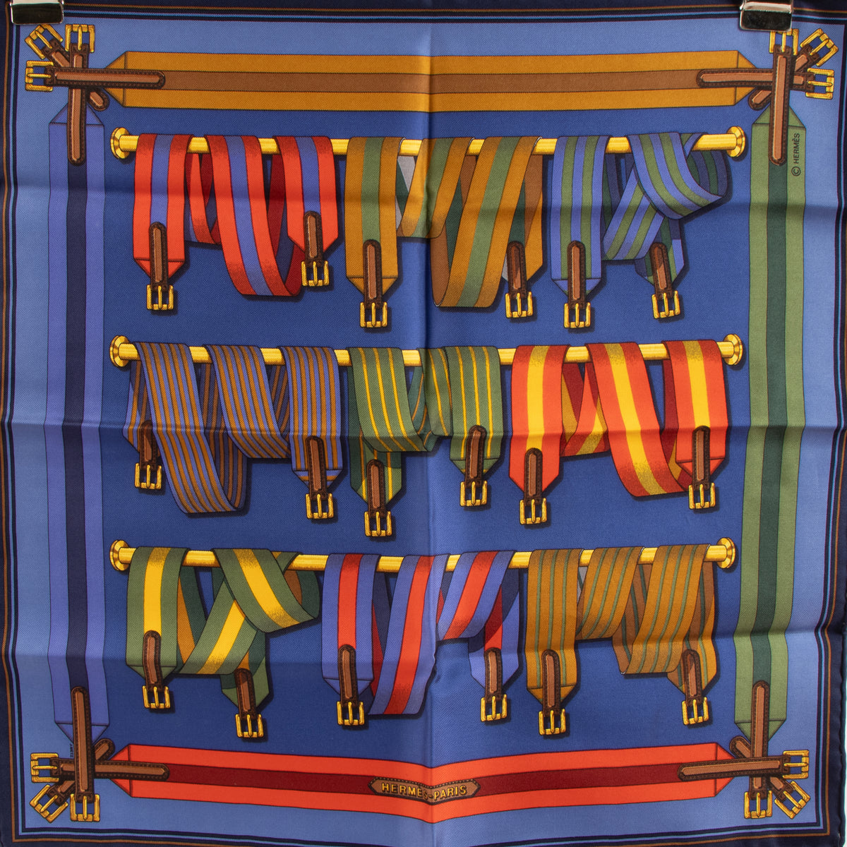 Hermes Blue Silk Les Sangles Gavroche 45 Scarf