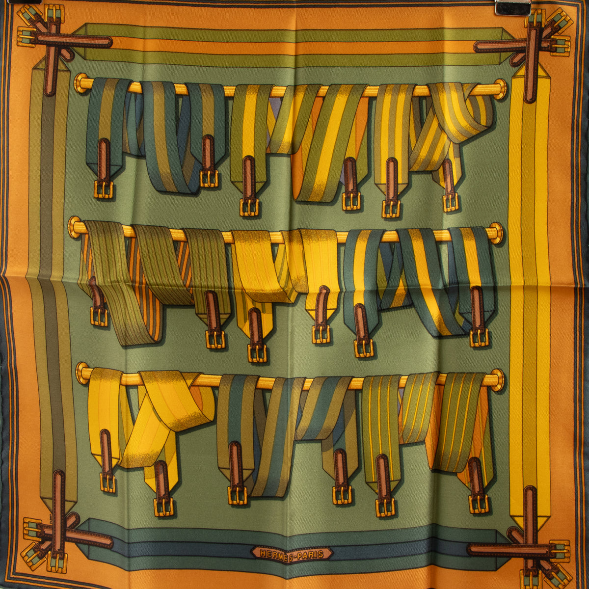 Hermes Green Silk Les Sangles Gavroche 45 Scarf