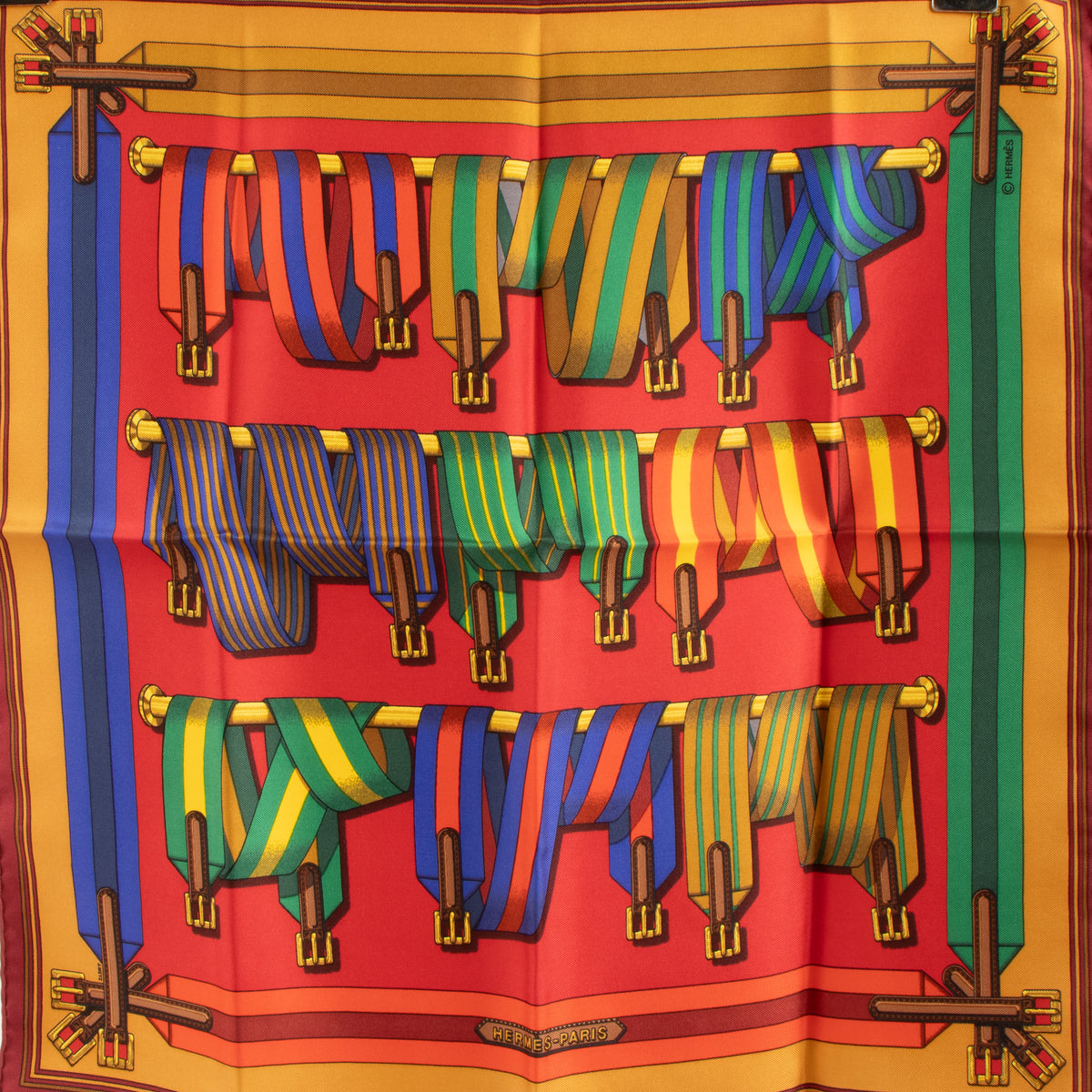Hermes Red Silk Les Sangles Gavroche 45 Scarf