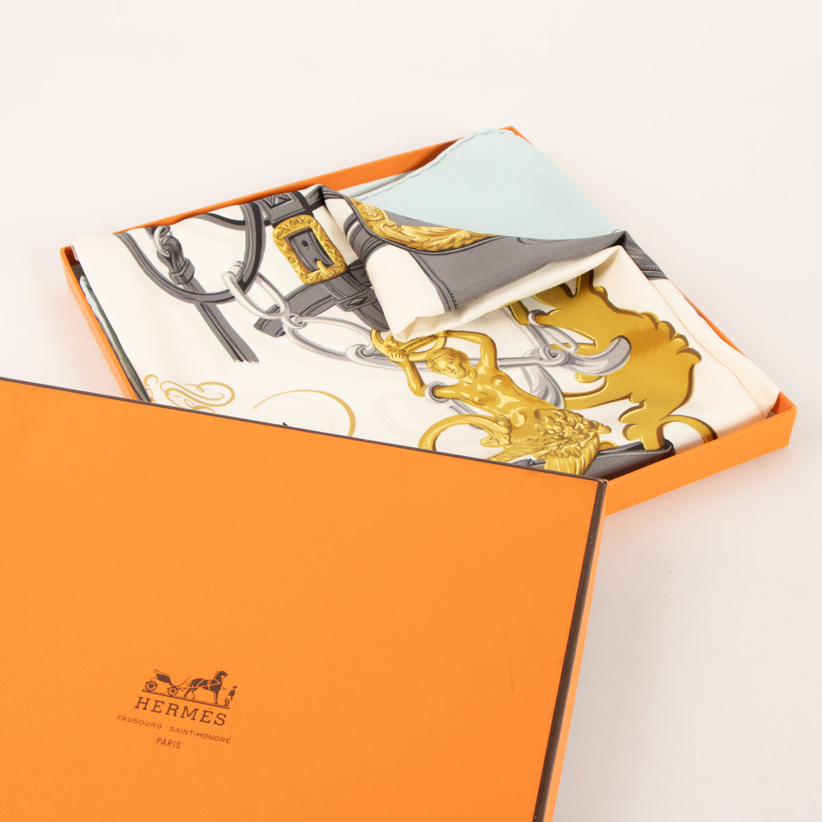 Shop the authentic Hermès Blue and White Silk Brides de Gala Carré 90 Scarf on Labellov.com.