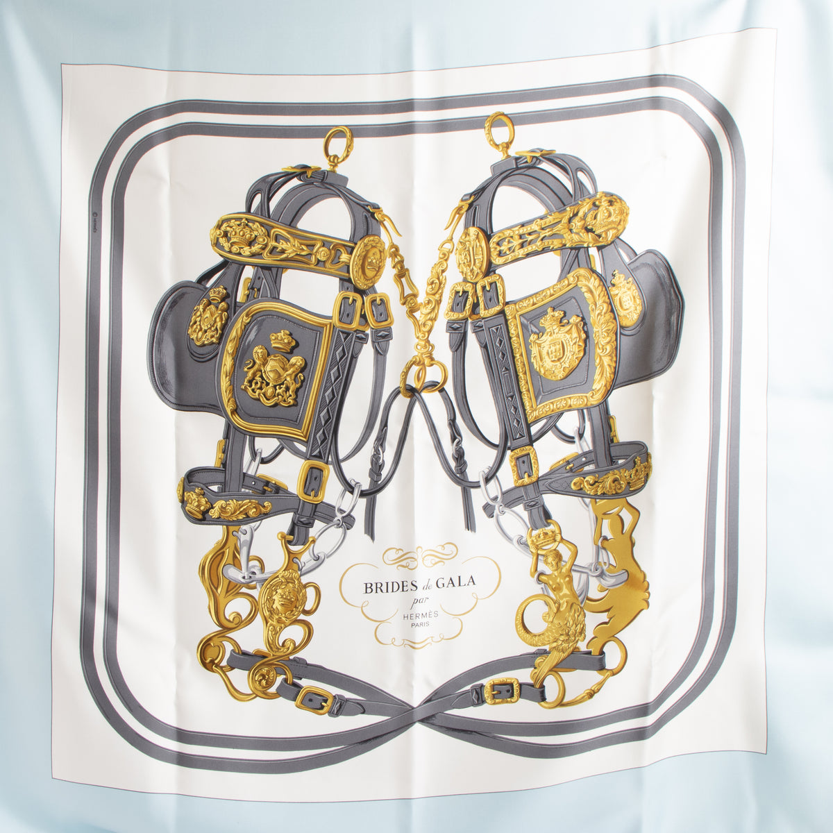 Shop the authentic Hermès Blue and White Silk Brides de Gala Carré 90 Scarf on Labellov.com.