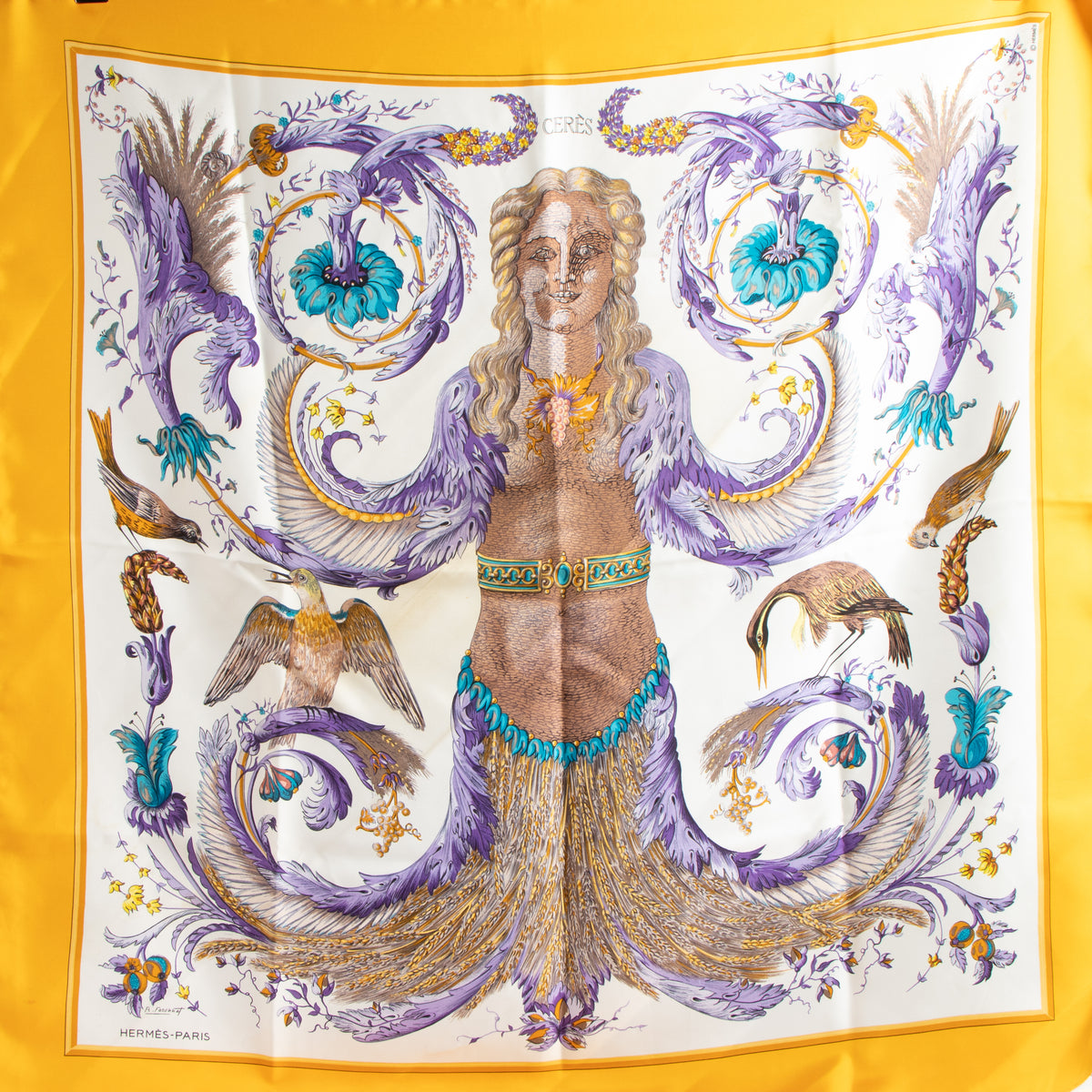 Shop this authentic Hermès Yellow Silk Cérès Carré 90 Scarf pre-loved on labellov.com