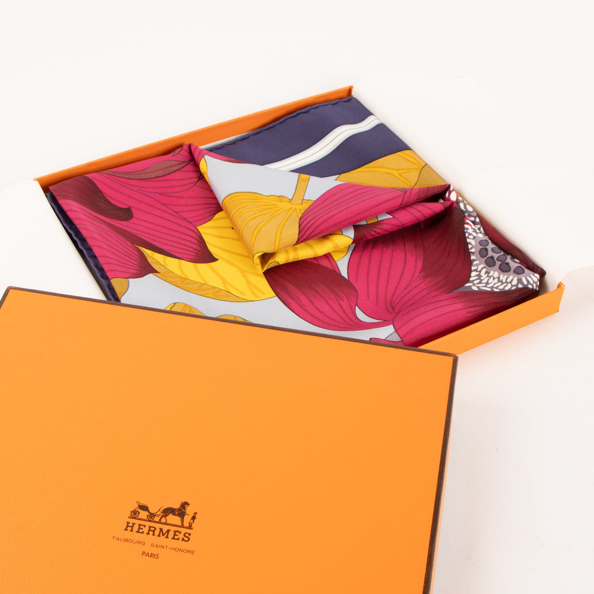 Shop this authentic Hermès Multicolour Fleurs de Lotus Silk 90 Scarf pre-loved on Labellov.com

